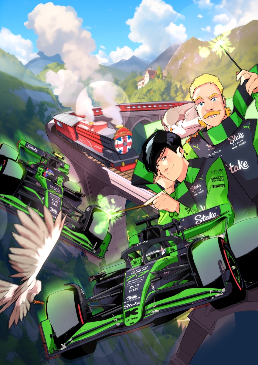 absurdres animal_on_arm bird bird_on_arm black_eyes black_hair blonde_hair blue_eyes car formula_one formula_racer harry_potter_(series) helmet highres holding holding_wand juan_alcala lens_flare looking_at_viewer male_focus motor_vehicle mountain mullet official_art owl parody parted_lips promotional_art race_vehicle racecar real_life sauber sauber_c44 smile smoke spoiler_(automobile) tree union_jack valtteri_bottas vehicle_focus wand wizarding_world zhou_guanyu