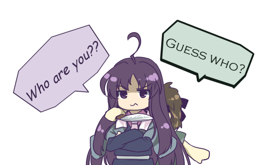 2others ahoge androgynous anmita_(rarutos) belt blue_capelet blue_coat brown_hair capelet clause_(len&#039;en) closed_mouth coat commentary_request crossed_arms english_text kurohebi len&#039;en long_hair long_sleeves multiple_others no_nose other_focus pink_shirt purple_eyes purple_hair shirt short_hair short_sleeves simple_background white_background white_belt
