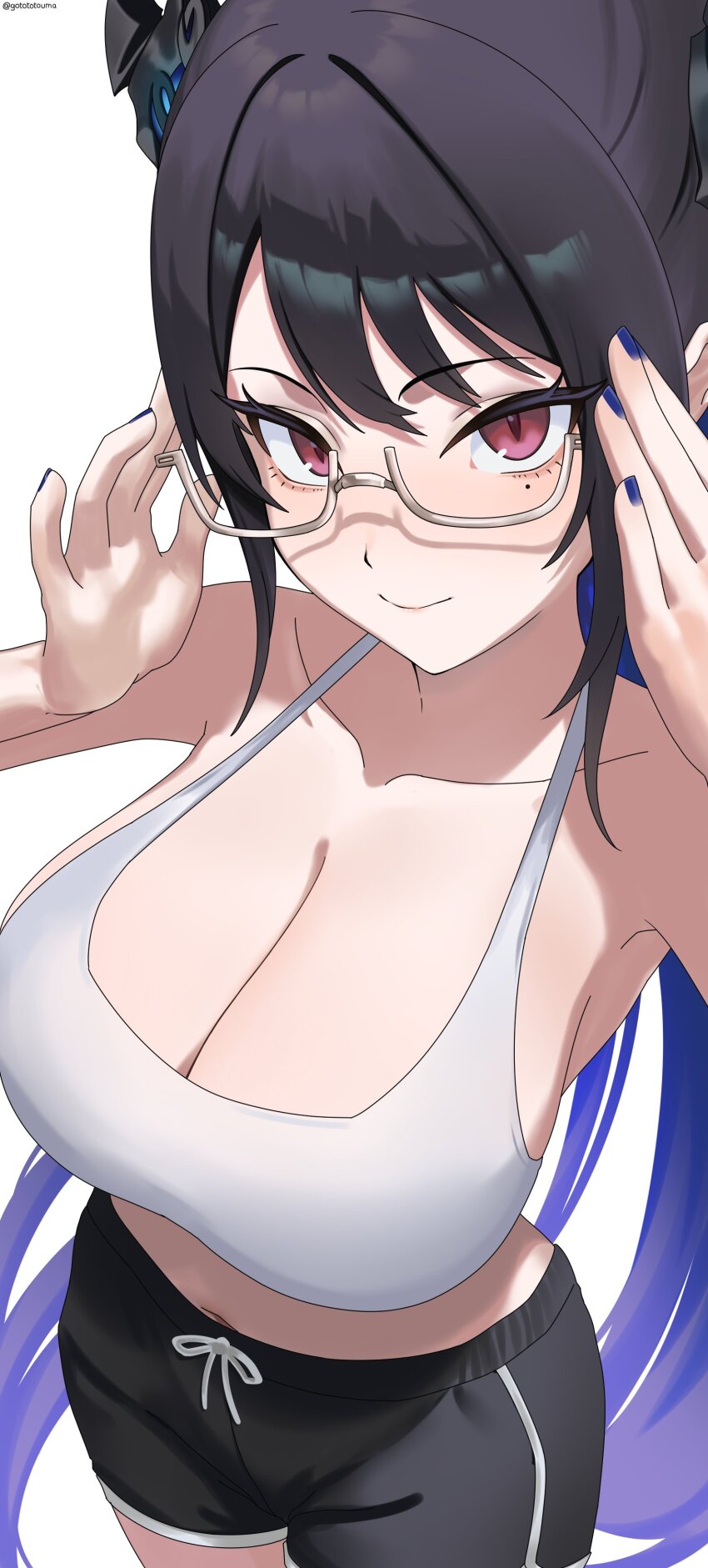 1girl absurdres adjusting_eyewear alternate_costume asymmetrical_horns bare_shoulders black_hair black_horns black_shorts blue_hair blue_nails breasts cleavage closed_mouth colored_inner_hair commentary crystal_horns demon_horns english_commentary fingernails flower glasses gototo_touma hair_between_eyes hair_ornament highres hololive hololive_english horn_flower horns huge_breasts large_breasts light_blush long_fingernails long_hair looking_at_viewer midriff mole mole_under_eye multicolored_hair nail_polish navel nerissa_ravencroft red_eyes semi-rimless_eyewear short_shorts shorts simple_background smile solo sports_bra twitter_username two-tone_hair under-rim_eyewear uneven_horns very_long_hair virtual_youtuber white_background white_sports_bra