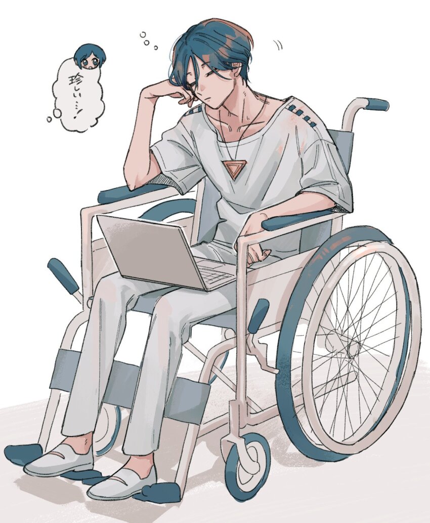 1boy blue_hair chibi chibi_inset closed_mouth computer flying_sweatdrops fukurai_azami full_body hair_between_eyes hand_on_own_cheek hand_on_own_face hatemadeimym highres laptop male_focus meguriya_ayumu pants shirt shoes short_hair short_sleeves simple_background sitting sleeping sleeping_upright solo_focus speech_bubble thought_bubble toshi_densetsu_kaitai_center triangle_necklace wheelchair white_background white_pants white_shirt white_shoes