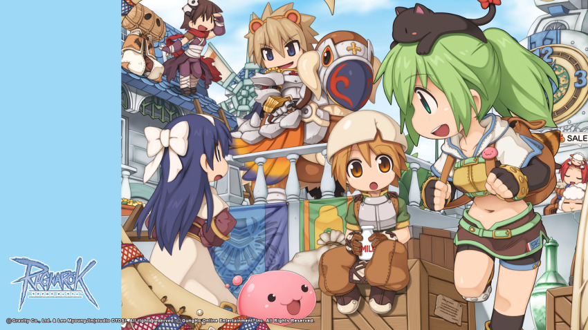 3boys 4girls :3 :o acolyte_(ragnarok_online) alchemist_(ragnarok_online) amistr_(ragnarok_online) animal animal_on_head armor assassin_(ragnarok_online) bandages bandages_over_clothes banner barding bird black_footwear black_gloves black_hat black_shorts black_socks blue_cape blue_eyes blue_sky boots bottle bow box breastplate breasts brown_capelet brown_eyes brown_footwear brown_gloves brown_hair brown_pants brown_shirt brown_skirt cape capelet cat cat_on_head chest_guard clock clock_tower cloud copyright_notice crop_top cropped_jacket eggshell_hat elbow_gloves fingerless_gloves foot_out_of_frame full_body gloves green_eyes green_hair green_shirt hair_bow hairband hat high_ponytail highres hunter_(ragnarok_online) in-universe_location jacket logo long_hair long_sleeves looking_at_another looking_to_the_side mage_(ragnarok_online) medium_breasts midriff milk_bottle miniskirt multiple_boys multiple_girls navel novice_(ragnarok_online) official_art official_wallpaper on_head open_mouth paladin_(ragnarok_online) pants pauldrons peco_peco ponytail poring purple_cape purple_pants purple_shirt ragnarok_online red_hair red_scarf scarf sheep shirt shoes short_hair short_shorts short_sleeves shorts shorts_under_skirt shoulder_armor sitting skirt sky sleeveless sleeveless_shirt slime_(creature) smile socks standing torn_cape torn_clothes torn_scarf tower v-shaped_eyebrows waist_cape white_bow white_cape white_capelet white_hairband white_jacket white_skirt wooden_box yuichirou