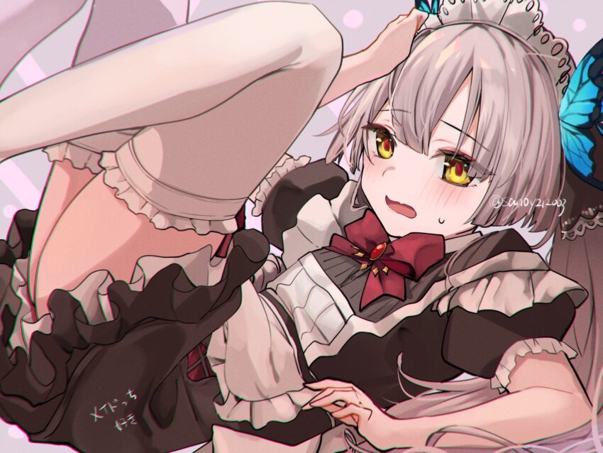 1girl apron blunt_bangs blush bow butterfly_hair_ornament dress frills hair_ornament heaven_burns_red long_hair maid maid_headdress official_alternate_costume ogasawara_hisame ponytail puffy_short_sleeves puffy_sleeves red_bow sakura_no_yoru short_sleeves solo thighhighs twintails white_hair white_thighhighs yellow_eyes