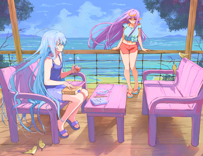 2girls aqua_shirt bird blue_hair blue_sky book book_on_lap clip_studio_paint_(medium) commentary cup day dress eudetenis floating_hair glass glasses hair_spread_out hand_on_railing highres holding holding_cup horizon long_hair looking_at_another midriff multiple_girls navel notebook ocean on_bench original outdoors parted_lips pen pink_hair plate pointy_ears purple_dress red_eyes red_shorts round_eyewear sandals shirt short_dress short_shorts short_sleeves shorts sitting sky sleeveless sleeveless_dress slice_of_life spoon standing tied_shirt veranda very_long_hair wind