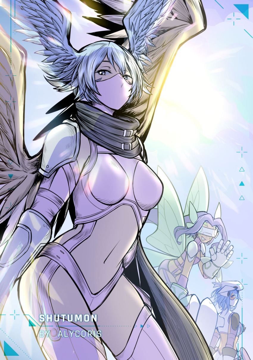 absurdres aircraft airplane armor digimon digimon_(creature) digimon_frontier fairimon gloves head_wings highres jetsilphymon long_hair mask short_hair shutumon wings