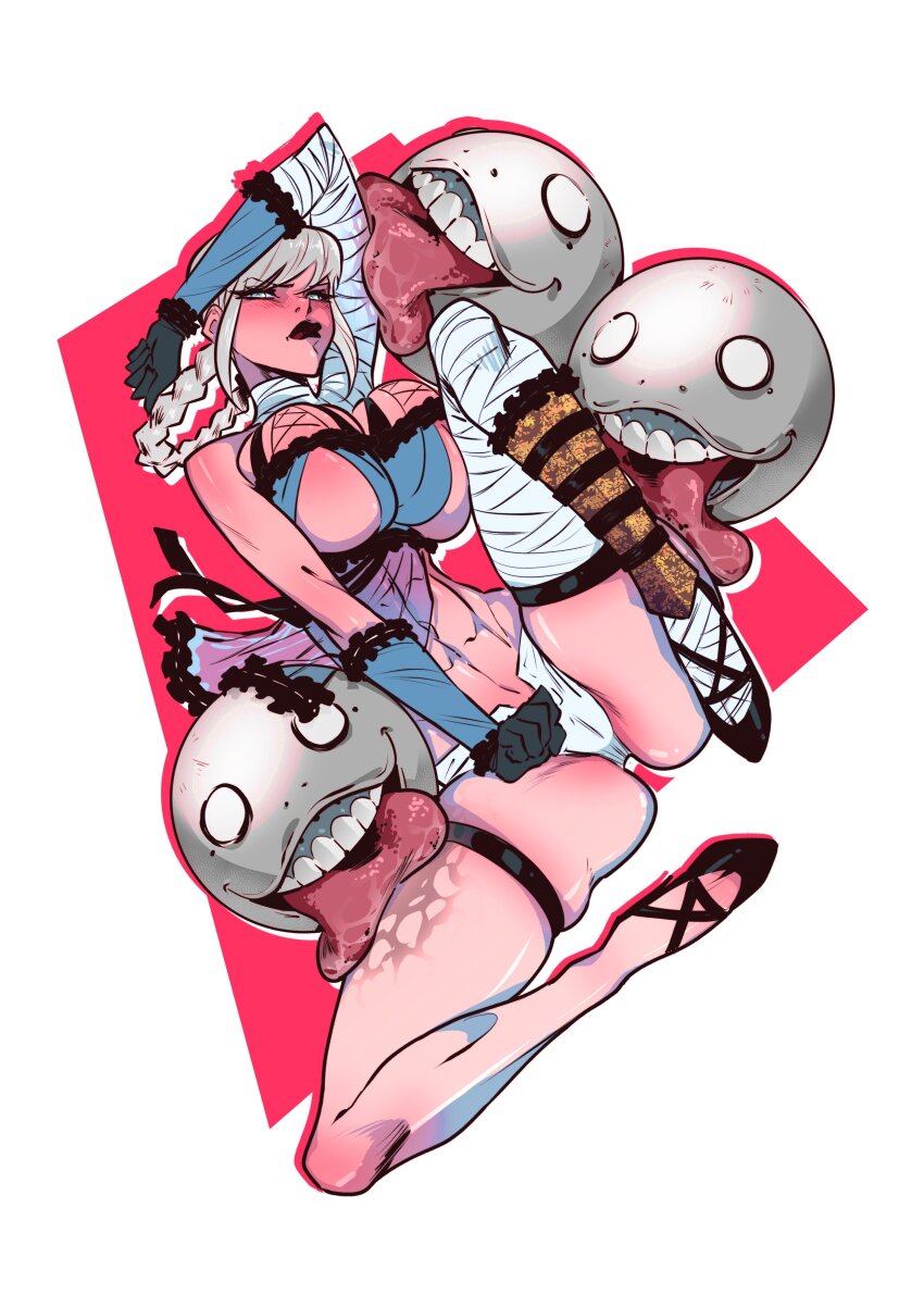 1girl absurdres ass backless_outfit bandaged_arm bandaged_leg bandaged_neck bandages blue_negligee braid braided_hair_rings breasts cross-laced_clothes cross-laced_panties emil_(nier) flower gloves grey_hair hair_flower hair_ornament hair_rings highres kaine_(nier) large_breasts lingerie long_hair looking_at_viewer negligee nier nier_(series) panda_rojo_art panties short_hair single_bare_shoulder underwear white_hair