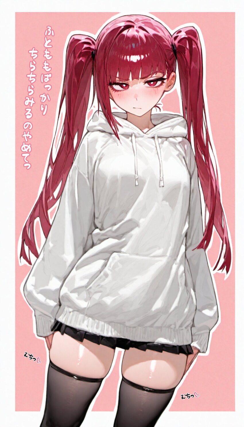 1girl :/ absurdres black_skirt bleach blush breasts closed_mouth dokugamine_riruka drowsy_sheep highres jacket long_hair long_twintails looking_at_viewer medium_breasts miniskirt pink_background pink_eyes pink_hair shiny_skin skirt solo translation_request twintails