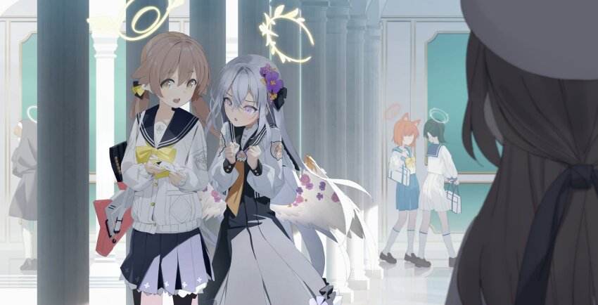 animal_ears anohito401 assault_rifle azusa_(blue_archive) blonde_hair blue_archive bullpup cat_ears cat_girl flower gun hair_ornament halo hifumi_(blue_archive) highres holding l85 long_hair open_mouth rifle skirt tagme twintails weapon white_hair wings yellow_eyes yellow_halo