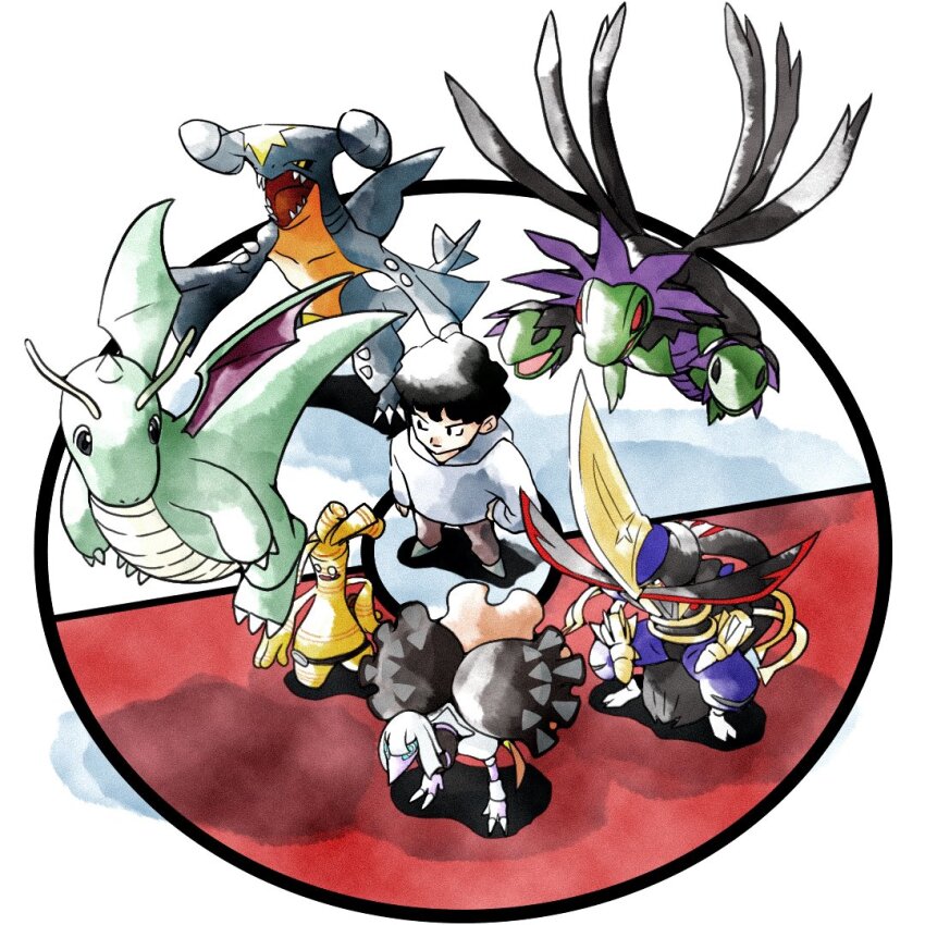1boy alternate_color black_eyes black_hair brown_pants closed_mouth commentary_request dragonite espathra from_above garchomp gen_1_pokemon gen_4_pokemon gen_5_pokemon gholdengo grey_footwear hand_on_own_hip hood hood_down hoodie hydreigon kingambit long_sleeves male_focus nintendo pants pokemon pokemon_(creature) pokeyugami retro_artstyle shiny_pokemon shoes short_hair standing