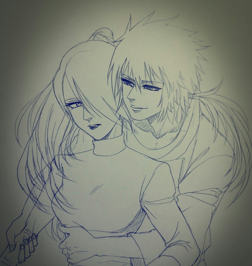 1boy 1girl arm_grab artist_request hair_over_one_eye highres lipstick long_hair looking_at_another makeup monochrome naruto_(series) naruto_shippuuden senju_touka sharingan shirt smile uchiha_izuna waist_grab
