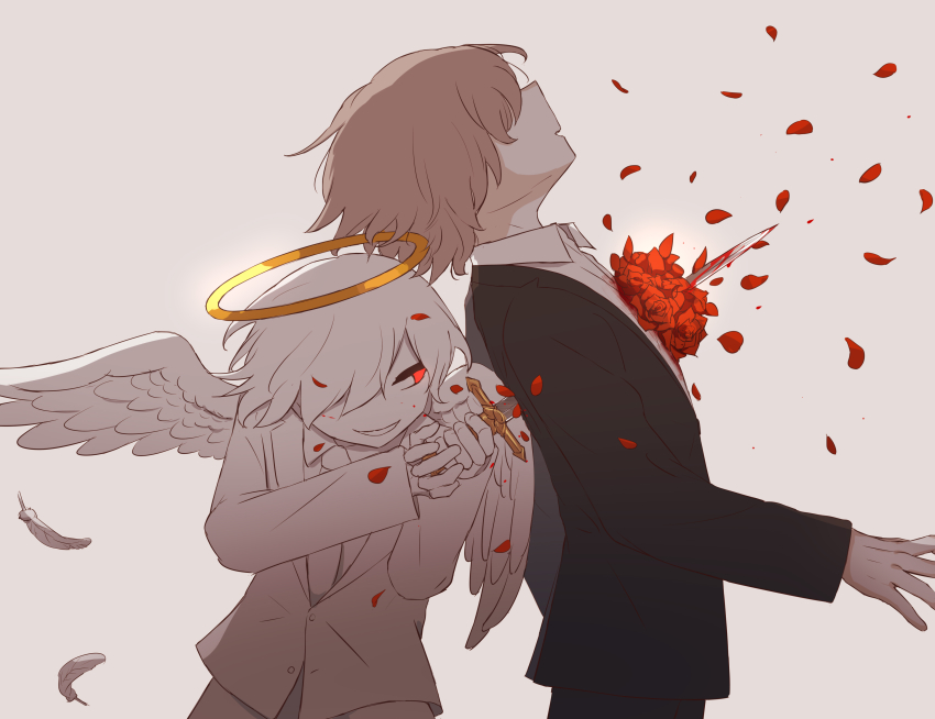 2boys absurdres alternate_body_fluid angel avogado6 backstab blood bloody_weapon boutonniere brown_background brown_hair collared_shirt commentary_request falling_petals feathered_wings feathers floating_hair flower formal_clothes hair_over_one_eye halo highres holding holding_knife injury jacket knife long_sleeves multiple_boys murder necktie original parted_lips petals profile red_eyes red_flower red_rose rose shirt simple_background smirk stab suit traditional_halo upper_body weapon wings
