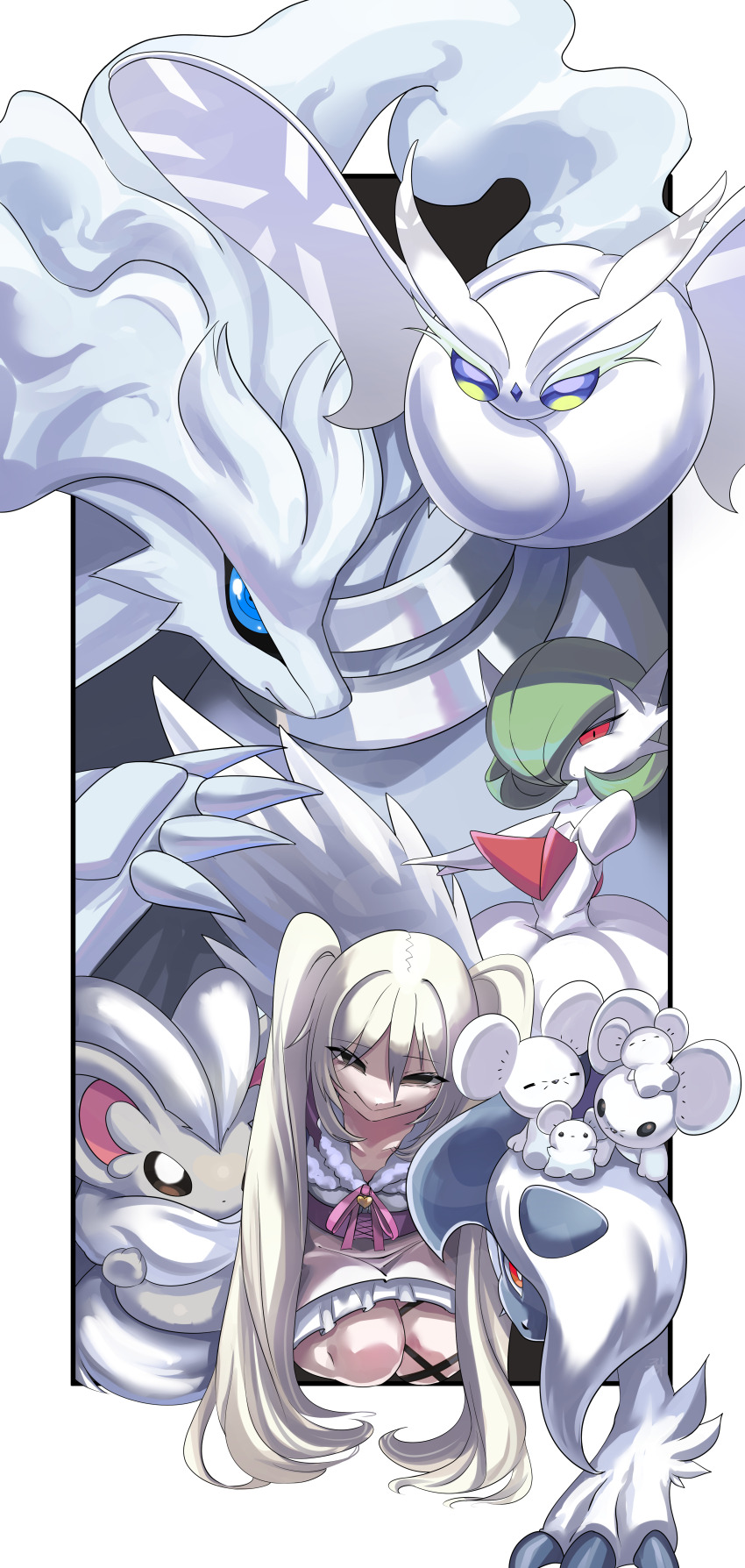 2girls :&gt; =_= absol absurdres arm_up artist_name bags_under_eyes bare_shoulders black_eyes black_ribbon black_sclera blonde_hair blue_eyes bob_cut border bright_pupils brown_eyes cinccino claws closed_eyes closed_mouth collarbone colored_sclera colored_skin commission dot_mouth dress elbow_gloves empty_eyes female_focus flat_chest frosmoth gardevoir gen_3_pokemon gen_5_pokemon gen_8_pokemon gloves gpaper232 green_hair grey_background hair_between_eyes hair_over_one_eye half-closed_eyes hand_on_own_chest happy heart highres kneeling leaning_forward leg_ribbon legendary_pokemon long_hair looking_at_viewer maushold maushold_(family_of_four) mega_absol mega_gardevoir mega_pokemon multicolored_eyes multiple_girls neck_fur neck_ribbon nintendo on_head one_eye_covered original outside_border outstretched_arm pink_ribbon pokemon pokemon_(creature) pokemon_on_head red_eyes reshiram ribbon ringed_eyes sash short_hair signature sitting smile strapless strapless_dress twintails watermark white_border white_dress white_gloves white_hair white_pupils white_skin yellow_eyes