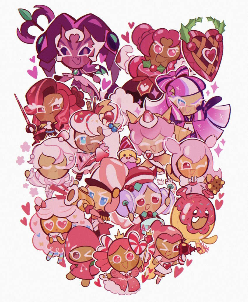 &gt;_o 1boy 2others 6+girls :3 :d ;d ^_^ absurdly_long_hair absurdres ascot bag black_hair black_sclera blue_eyes blueberry_hair_ornament blunt_bangs blunt_ends bow brown_bag cherry_blossom_cookie chromatic_aberration closed_eyes colored_sclera commentary cookie_run cookie_run:_kingdom cookie_run:_ovenbreak cotton_candy_cookie creature crown curly_hair dark-skinned_female dark_skin didy414 double_bun dragon_tail dragon_wings dress drumsticks energy_gun english_commentary envelope eyeshadow fang film_grain flower food-themed_creature food-themed_hair food-themed_hair_ornament food-themed_hat full_body glove_cutout gloves green_wings guitar hair_between_eyes hair_bow hair_bun hair_ornament handbag hat headset heart heart-shaped_eyes highres holding holding_bag holding_drumsticks holding_envelope holding_guitar holding_instrument holding_ray_gun holding_shield holding_sword holding_wand holding_weapon hollyberry_cookie instrument lance long_hair looking_at_viewer lychee_dragon_cookie macaron_cookie makeup marshmallow_cookie mini_crown multicolored_hair multiple_girls multiple_others one_eye_closed open_mouth outline pants parfait_cookie pink_bow pink_choco_cookie pink_dress pink_eyes pink_flower pink_hair pink_skirt pink_theme polearm princess_cookie puffy_short_sleeves puffy_sleeves purple_eyeshadow purple_hair purple_hat purple_tail raspberry_cookie ray_gun red_eyes red_hair red_hat shield shining_glitter_cookie shirt short_hair short_sleeves simple_background skirt smile space_doughnut sparkle sprinkles strawberry_cookie strawberry_crepe_cookie streaked_hair sugar_gnome sword tail very_long_hair wand weapon weapon_on_back whipped_cream_cookie white_ascot white_background white_gloves white_hair white_outline white_pants white_shirt wings