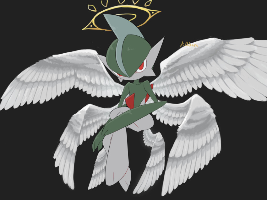 1other ariumu arm_blade artist_name black_background colored_skin commentary facing_to_the_side feathered_wings gallade gen_4_pokemon green_hair hair_between_eyes halo hands_on_own_legs huddle hugging_own_legs knees_up looking_ahead mohawk multicolored_skin multiple_wings nintendo outline pokemon pokemon_(creature) pokemon_focus red_eyes solo two-tone_skin weapon white_wings wide_hips wings yellow_halo yellow_outline