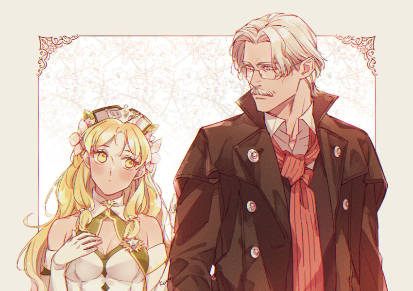 1boy 1girl atelier_(series) atelier_ayesha atelier_resleriana ayesha_altugle ayesha_altugle_(noble_flower) bare_shoulders black_jacket blonde_hair breasts cleavage closed_mouth collared_shirt commentary_request facial_hair flower glasses gloves grey_hair hair_flower hair_ornament hand_up height_difference jacket keithgriff_hazeldine kuroo_(k_r_oo) long_hair looking_at_another mustache official_alternate_costume old old_man shirt short_hair upper_body white_gloves yellow_eyes