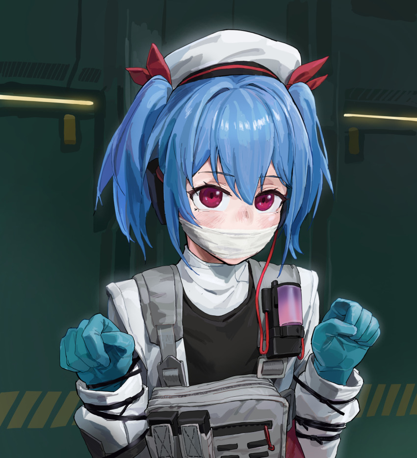 1girl a_tea ammunition_pouch bdsm blue_gloves blue_hair bondage bound cloth_gag colphne_(girls&#039;_frontline_2) female_focus flat_chest gag gagged girls&#039;_frontline gloves hat highres improvised_gag jacket long_hair looking_at_viewer pouch red_eyes red_ribbon restrained ribbon shibari shibari_over_clothes solo tam_o&#039;_shanter twintails