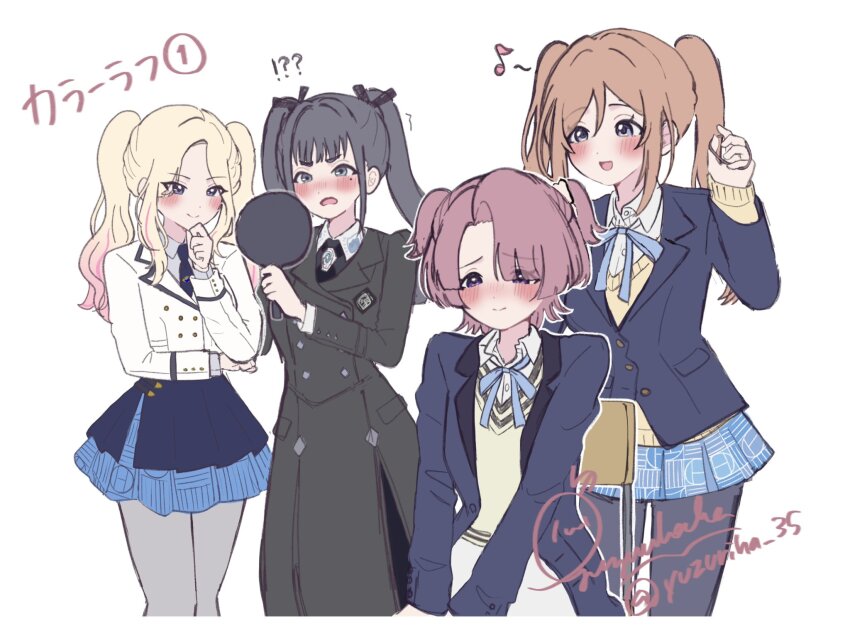 !? 4girls amaya_tsubame arimura_mao black_coat black_pantyhose blazer blue_jacket blue_overskirt blue_ribbon blue_skirt blush coat commentary_request cropped_legs embarrassed gakuen_idolmaster hand_mirror hand_on_own_chin hatsuboshi_gakuen_school_uniform highres himesaki_rinami holding holding_mirror idolmaster jacket juo_sena long_hair matching_hairstyle mirror mole mole_under_eye multiple_girls musical_note neck_ribbon on_chair pantyhose ribbon school_uniform shirt signature simple_background sitting skirt smile stroking_own_chin twintails twitter_username two_side_up very_long_hair white_background white_jacket white_shirt yuzuriha_35