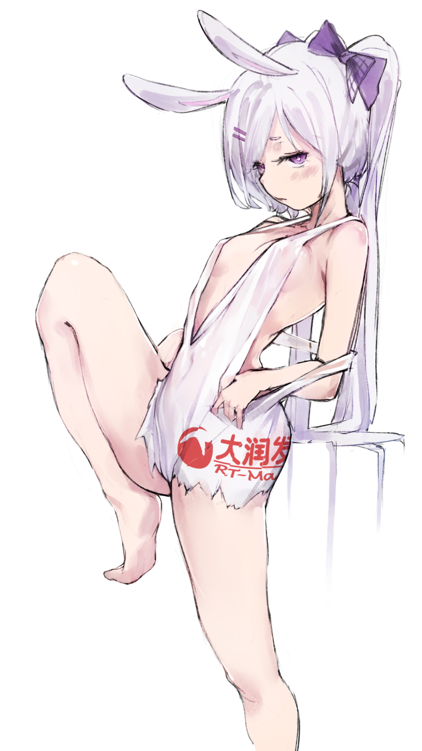 1girl absurdres animal_ears barefoot bow breasts bright_pupils closed_mouth commentary dress foot_out_of_frame hair_bow highres knee_up long_hair no_bra original plastic_bag_dress plunging_neckline product_placement pugwit purple_bow purple_eyes rabbit_ears rt-mart simple_background sleeveless sleeveless_dress small_breasts solo white_background white_dress white_hair