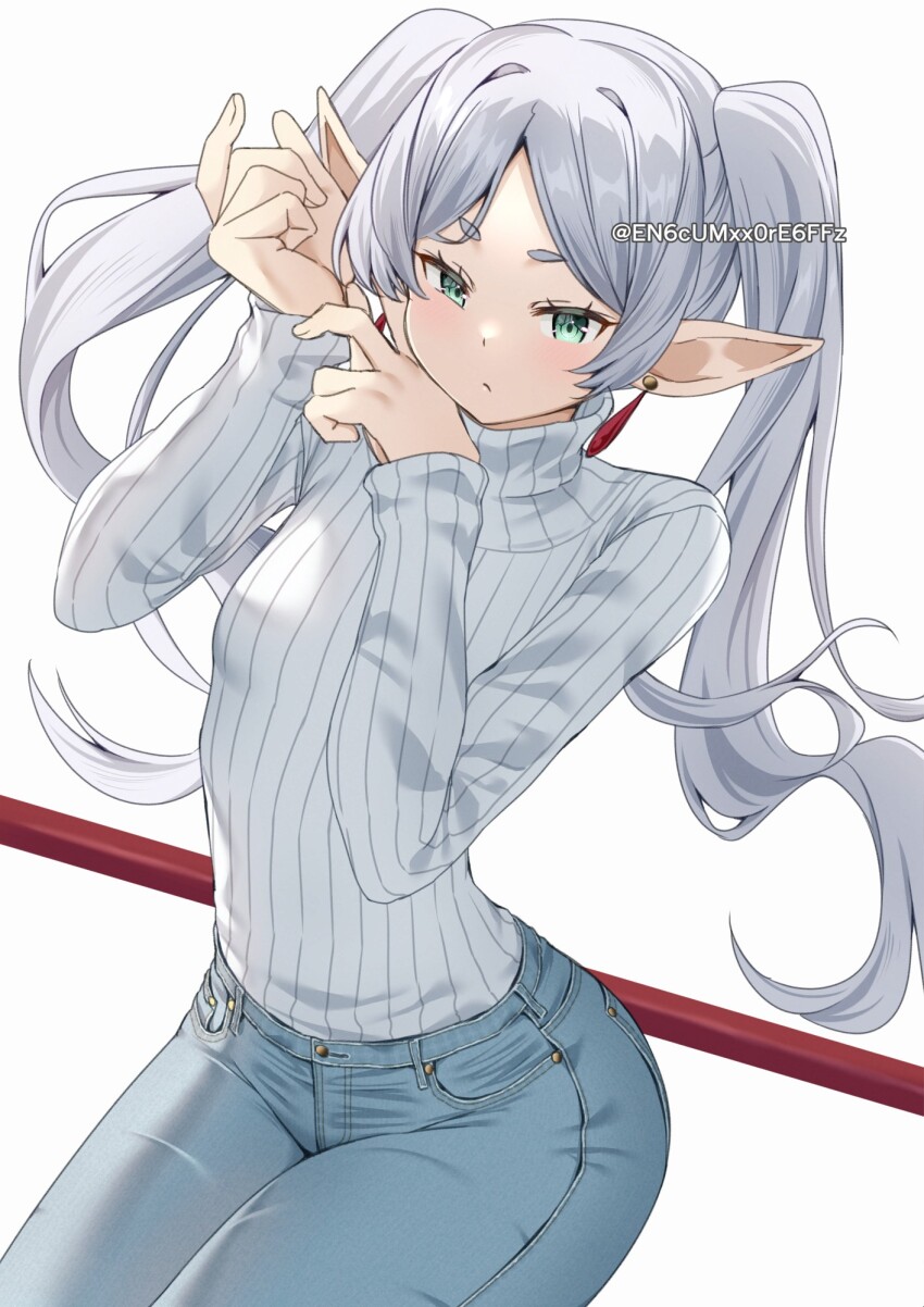 1girl :/ alternate_costume blue_pants bluesky_username blush breasts casual closed_mouth commentary cowboy_shot denim earrings elf expressionless frieren green_eyes hand_on_own_cheek hand_on_own_face hands_up highres jeans jewelry legs_together light_blush long_hair long_pointy_ears long_sleeves looking_at_viewer mage_staff pants parted_bangs pointy_ears ribbed_sweater simple_background sitting small_breasts solo sousou_no_frieren staff sweater sweater_tucked_in teardrop_earrings turtleneck turtleneck_sweater twintails wavy_hair white_background white_hair white_sweater yamano_rokamizu