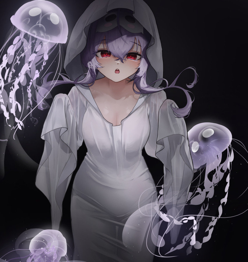 1girl ahoge black_background blush breasts cleavage cowboy_shot ghost_costume ghost_pose goddess_of_victory:_nikke hair_between_eyes hairband highres jellyfish liberalio_(nikke) looking_at_viewer medium_breasts open_mouth purple_hair red_eyes rh4a8p sheet_ghost short_hair_with_long_locks standing yellow_eyes