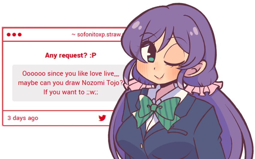 1girl aqua_eyes blush bow bowtie breasts closed_mouth english_text green_bow green_bowtie highres large_breasts long_hair long_sleeves looking_at_viewer love_live! love_live!_school_idol_project low_twintails one_eye_closed otonokizaka_school_uniform purple_hair school_uniform smile sofo_soup solo tojo_nozomi twintails