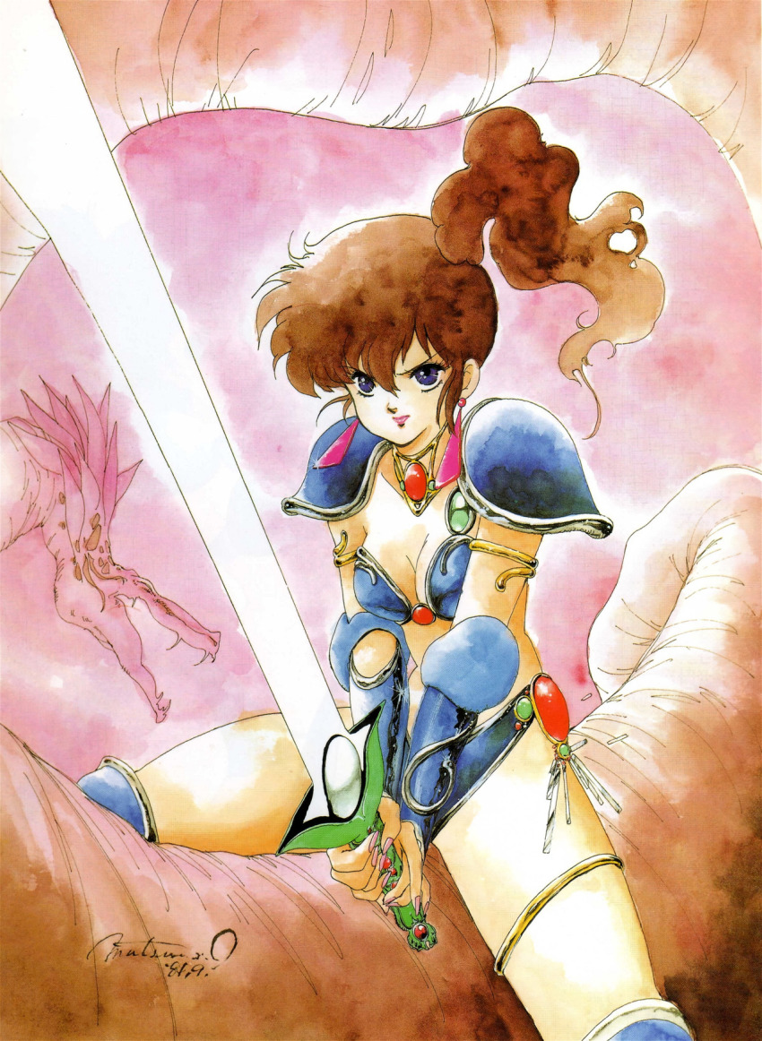 1980s_(style) 1girl armlet armor asagiri_youko bikini_armor blue_eyes earrings eating female_focus genmu_senki_leda highres holding inomata_mutsumi jewelry long_hair official_art oldschool painting_(medium) pauldrons red_hair retro_artstyle shoulder_armor side_ponytail solo straddling sword thigh_strap traditional_media two-handed v_arms vambraces watercolor_(medium) weapon