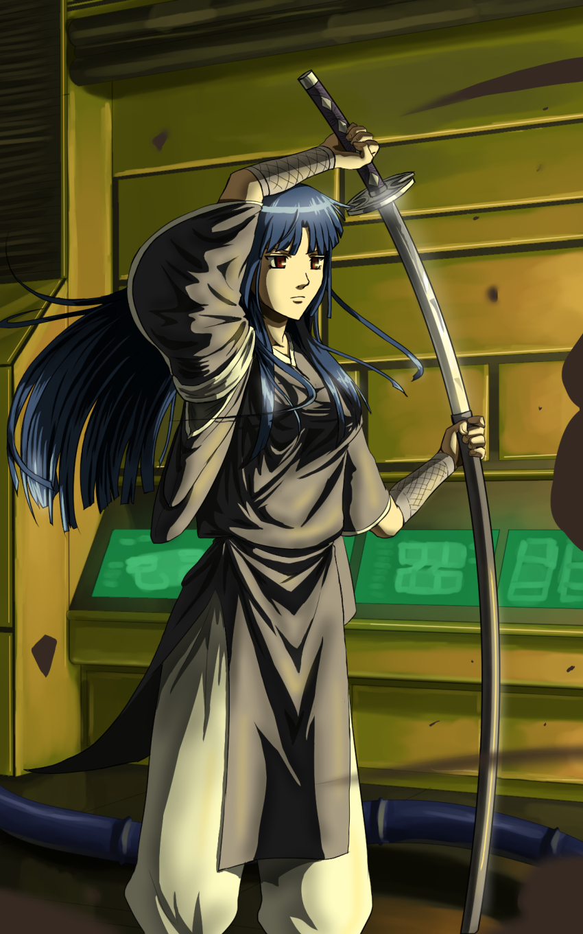 1girl alternate_costume arm_wrap blue_eyes breasts female_focus fighting_stance from_side gintama highres holding holding_weapon imai_nobume katana kuroto looking_away red_eyes sheath solo standing sword tsuba_(guard) tsuka-ito tsuka_(handle) unsheathing weapon