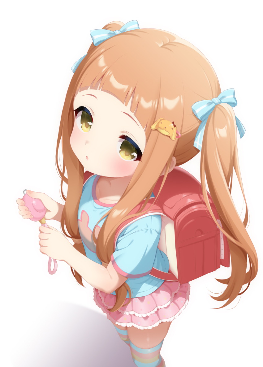 1girl :o arched_bangs backpack bag blue_ribbon blue_shirt blue_thighhighs brown_hair child commentary_request crime_prevention_buzzer crime_prevention_buzzer_threat hair_ornament hair_ribbon hairclip highres hosizora_mikoto ichihara_nina idolmaster idolmaster_cinderella_girls long_hair looking_at_viewer multicolored_thighhighs open_mouth pink_skirt pink_thighhighs randoseru red_bag ribbon shirt short_sleeves sidelocks skindentation skirt solo striped_clothes striped_thighhighs t-shirt thighhighs twintails white_background yellow_eyes yellow_thighhighs