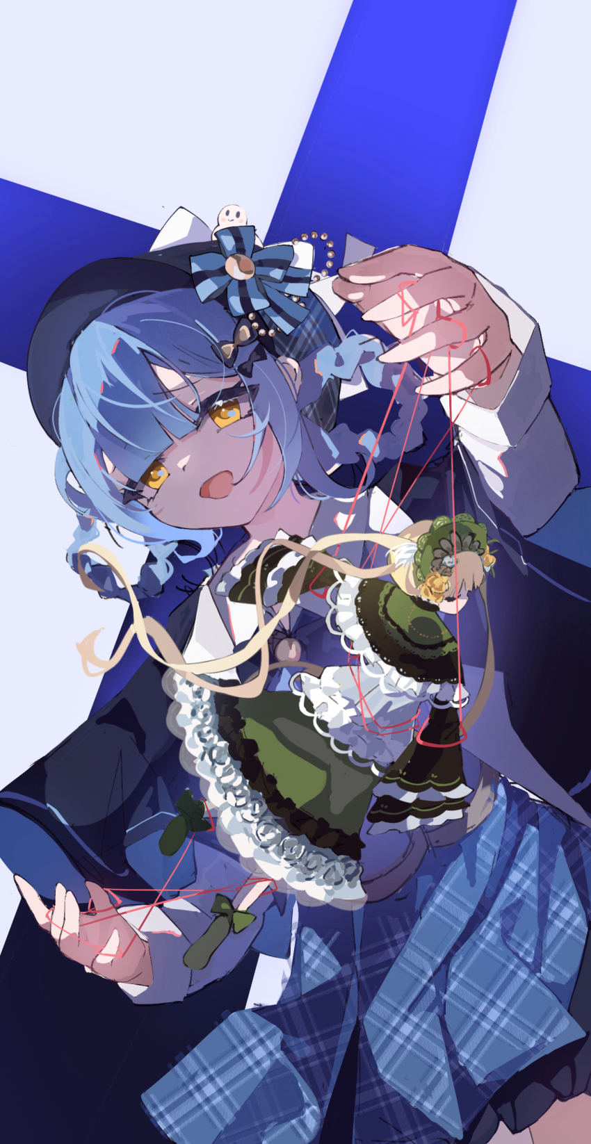 2girls absurdres black_capelet black_hat blonde_hair blue_hair blue_skirt bonnet braid braided_hair_rings capelet chinese_commentary commentary_request cowboy_shot deerstalker dress green_dress green_shoes hair_rings hat highres lolita_fashion long_hair looking_at_viewer lu_xiangu magical_girl mahou_shoujo_no_majo_saiban mini_person minigirl multiple_girls open_mouth plaid_clothes plaid_skirt pleated_skirt puppet puppet_strings shoes short_hair skirt smile standing suspenders tachibana_sherry tono_hanna twintails yellow_eyes