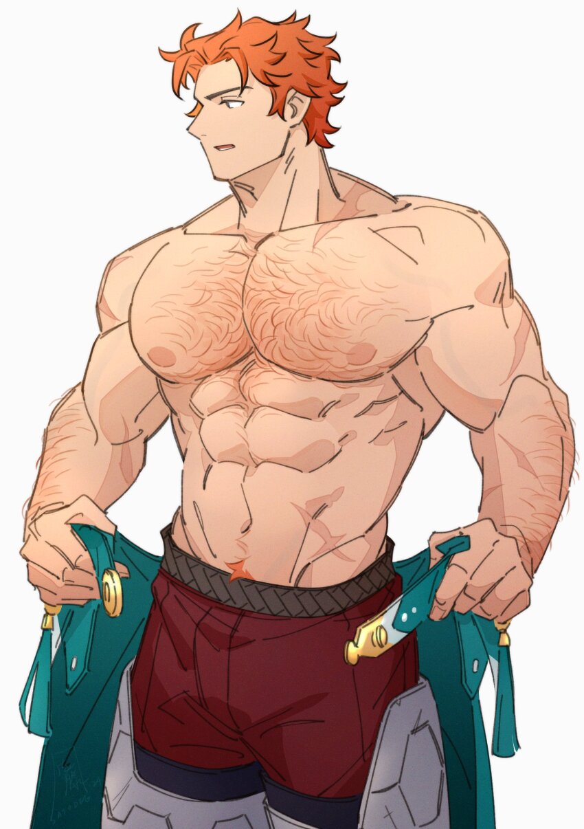 1boy abs absurdres arm_hair armor bara chest_hair commentary english_commentary fire_emblem fire_emblem:_three_houses groin hairy highres holding large_pectorals male_focus male_pubic_hair navel nintendo nipples open_mouth orange_hair orange_pubic_hair pants pectorals pubic_hair red_pants satodee short_hair simple_background solo sylvain_jose_gautier topless_male undressing wavy_hair white_background yellow_eyes