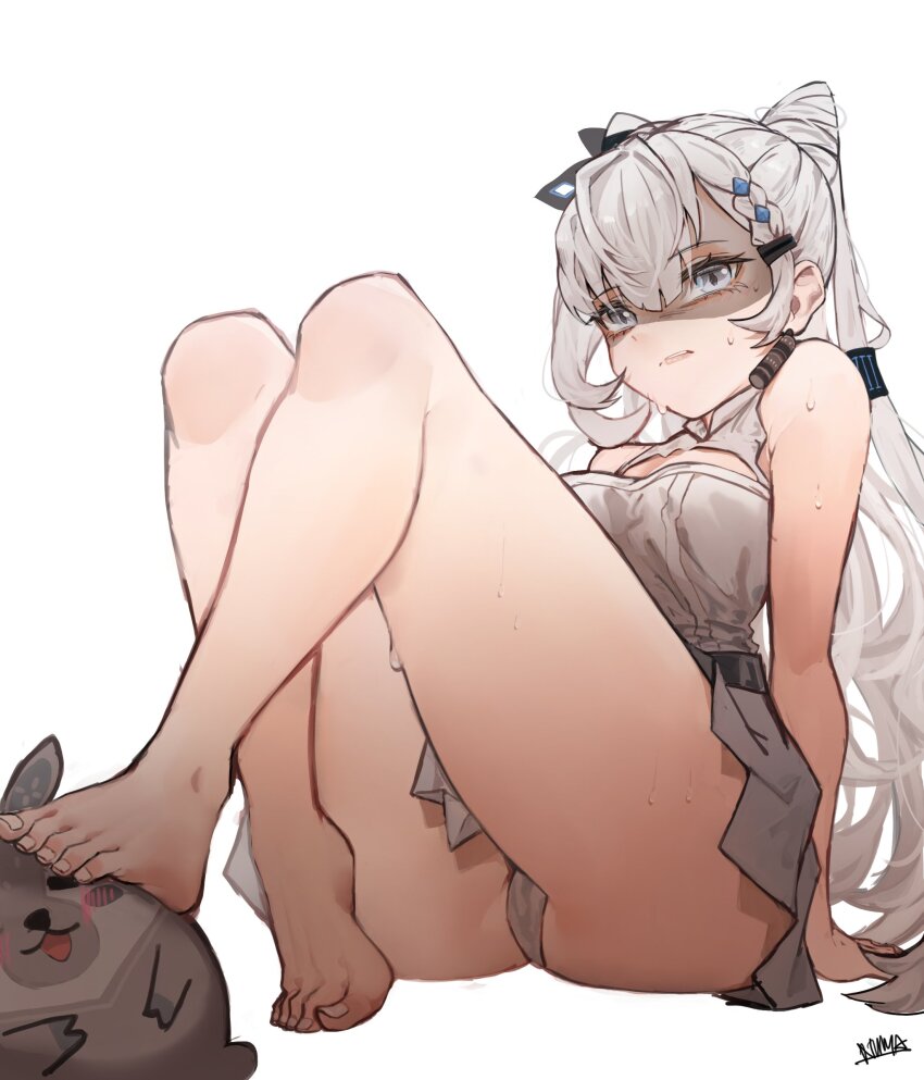 1girl bare_legs bare_shoulders barefoot belt_buckle blush braid braided_bangs breasts buckle colored_eyelashes cone_hair_bun disgust double_bun dress feet foot_focus foot_on_head foreshortening grey_eyes grey_hair hair_between_eyes hair_bun hair_ornament hairclip highres hololive hololive_indonesia jewelry long_hair looking_at_viewer medium_breasts numamus panties signature simple_background sitting sleeveless sleeveless_dress solo sweat sweatdrop toes underwear very_long_hair vestia_zeta virtual_youtuber white_background white_panties