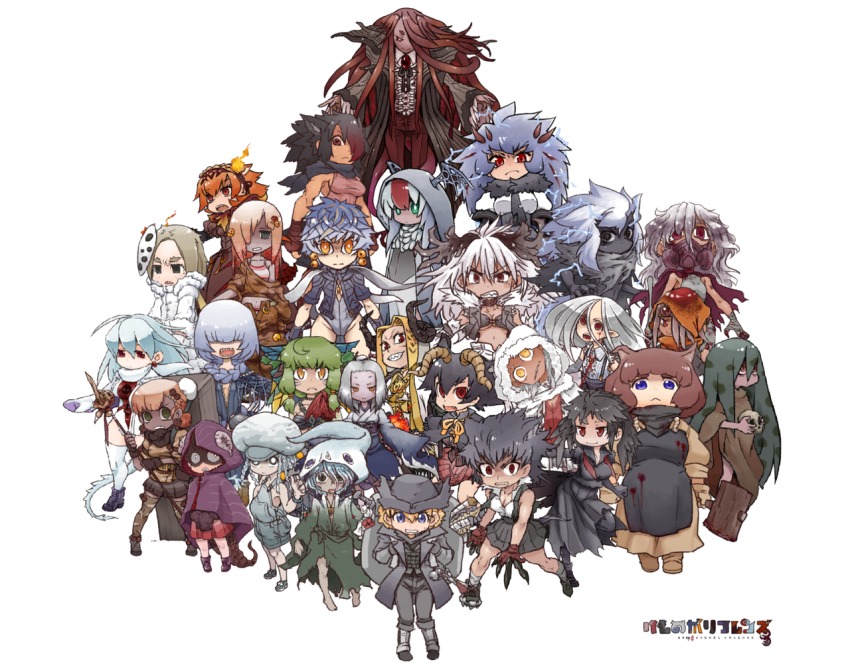 10s 6+girls abhorrent_beast amygdala_(bloodborne) animal_ears apron backpack bag beast-possessed_soul blonde_hair blood blood-starved_beast blood_on_clothes bloodborne bloodletting_beast bloodlicker brainsucker celestial_child celestial_emissary claws cleric_beast commentary_request cramped_casket crawler_(bloodborne) dark-skinned_female dark_skin darkbeast_paarl dress ebrietas_daughter_of_the_cosmos fangs freckles garden_of_eyes gas_mask gun hammer hat head_tilt head_wings hole_digger_(bloodborne) horns hunter_(bloodborne) kemono_friends looking_at_viewer loran_cleric loran_darkbeast loran_silverbeast lost_child_of_antiquity maneater_boar mask monster_girl moon_presence_(bloodborne) multiple_girls parody personification polearm robe rom_the_vacuous_spider scourge_beast shorts skirt skull spear tail the_one_reborn watchdog_of_the_old_lords weapon wings yagi_mutsuki
