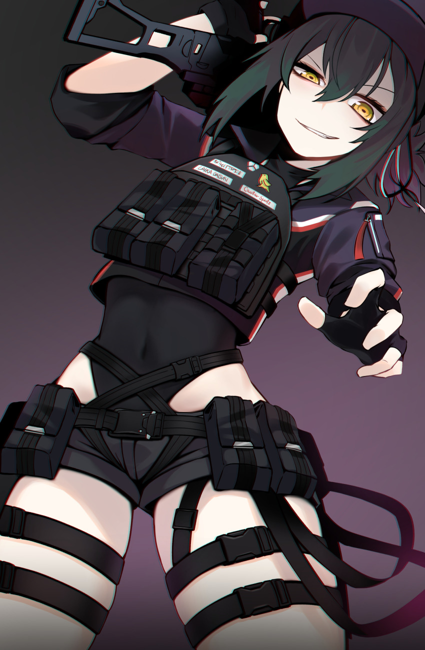 belt counter:side covered_navel green_hair gun highres laika_(counter:side) smirk swat_uniform utility_belt utility_vest vest weapon yellow_eyes zl100