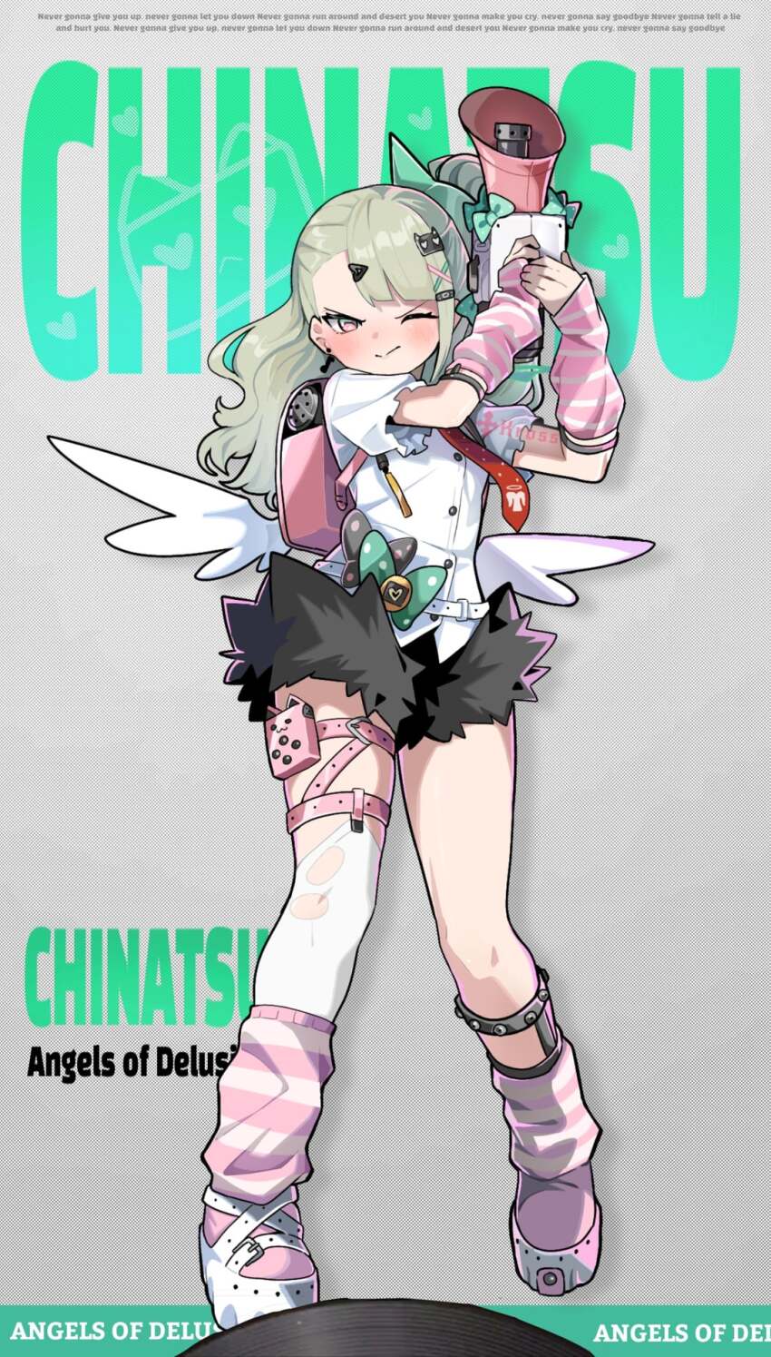 1girl artist_request asymmetrical_legwear blush character_name chinatsu_remiel english_text green_hair highres holding holding_megaphone megaphone necktie never_gonna_give_you_up one_eye_closed pink_eyes single_sock socks solo torn_clothes torn_socks wings zenless_zone_zero