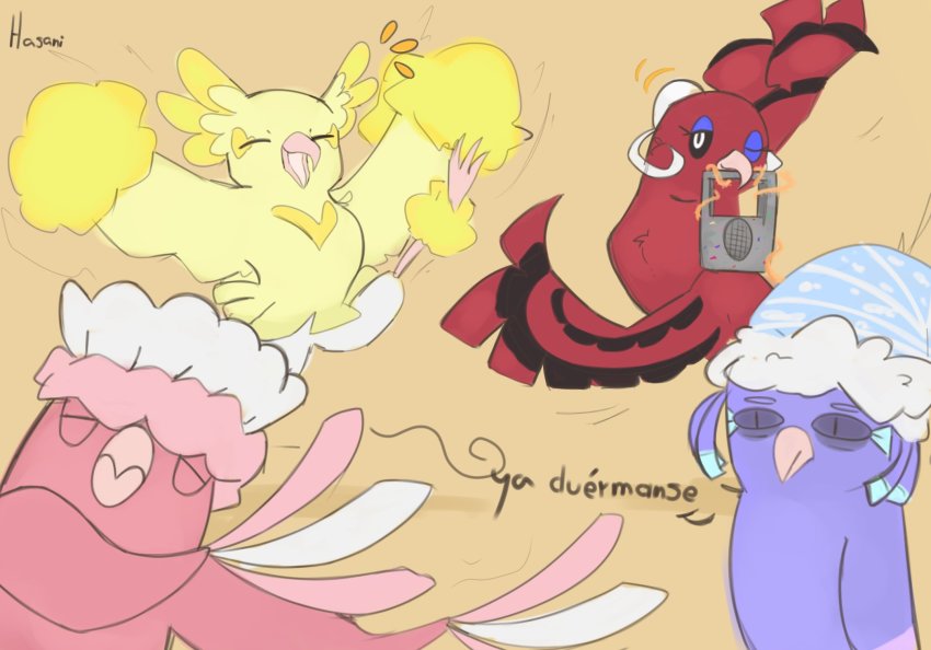 bird black_sclera colored_sclera dancing feathers gen_7_pokemon hatsushe highres nintendo oricorio oricorio_(baile) oricorio_(pa&#039;u) oricorio_(pom-pom) oricorio_(sensu) pokemon pokemon_(creature) pom_pom_(cheerleading) purple_eyes radio white_eyes