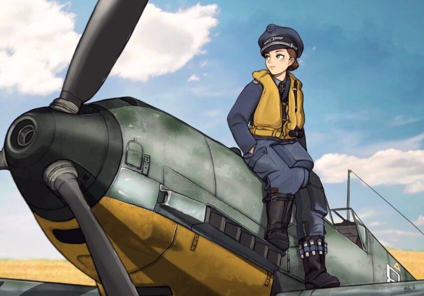 1girl aircraft airplane artist_name bf_109 blue_headwear blue_jacket blue_pants brown_hair cloud cloudy_sky cross green_eyes highres iron_cross jacket luftwaffe mg_g military_uniform military_vehicle original pants propeller propeller_fighter sky smile solo wehrmacht