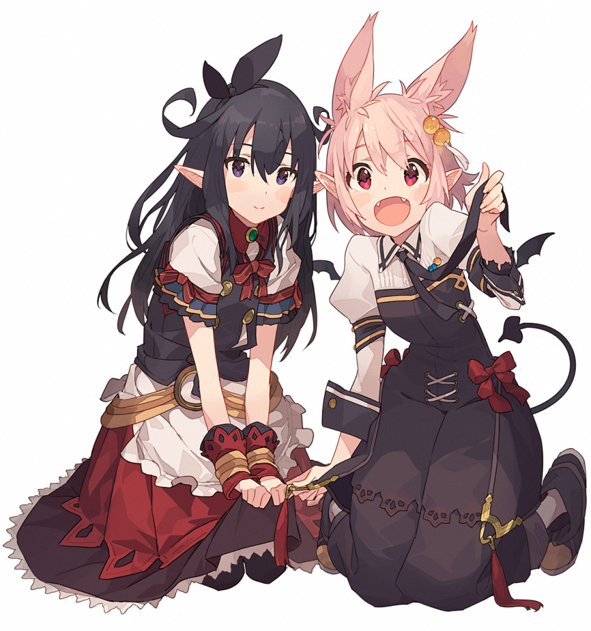 2girls animal_ears black_eyes black_hair blush dress hair_ornament hair_ribbon highres long_hair multiple_girls narumi_arata original pink_hair recri_(narumi_arata) red_eyes ribbon short_hair tail wings