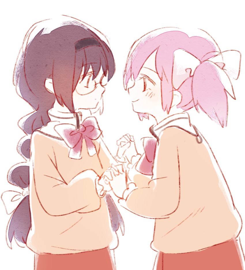 2girls akemi_homura black_hairband blush bow bowtie braid brown_hair brown_shirt closed_mouth commentary_request female_focus glasses hair_between_eyes hair_bow hairband highres holding_hands interlocked_fingers kaname_madoka long_hair long_sleeves mahou_shoujo_madoka_magica mahou_shoujo_madoka_magica_(anime) multiple_girls pink_hair profile red_neckwear red_skirt shirt simple_background skirt smile twintails very_long_hair white_background white_bow zgxuke