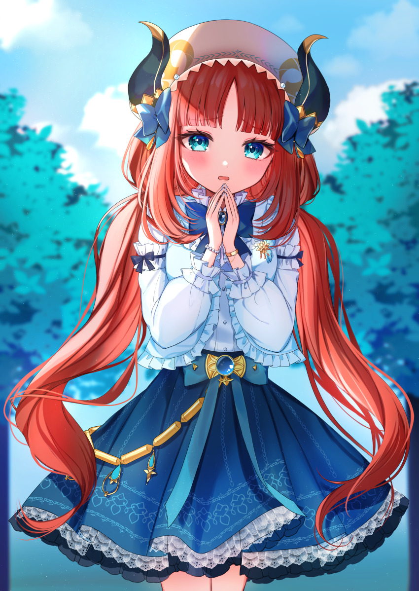 1girl absurdres aqua_bow aqua_eyes aqua_skirt blue_gemstone blue_headwear blue_jacket blue_ribbon blunt_bangs blurry blurry_background blush bow chain fake_horns frilled_jacket frilled_sleeves frills gem genshin_impact gold_chain highres horns ineka_ka jacket jewelry lace lace-trimmed_skirt lace_trim long_hair long_sleeves looking_at_viewer nilou_(genshin_impact) nilou_(samsung)_(genshin_impact) official_alternate_costume parted_bangs pendant red_hair ribbon samsung shirt sidelocks skirt solo twintails very_long_hair white_shirt