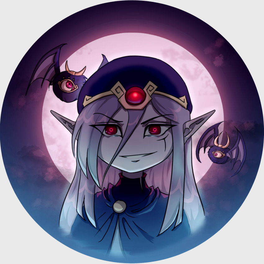 1boy cloak cloud cloudy_sky demon demon_horns demon_wings facial_mark full_moon gem grin hat hat_ornament highres horns lavleyart long_hair looking_at_viewer male_focus moon multiple_persona night night_sky nintendo no_nose non-web_source open_mouth pale_skin pointy_ears portrait purple_cloak purple_hair purple_hat red_eyes red_gemstone self-upload sky smile solo the_legend_of_zelda the_legend_of_zelda:_the_minish_cap v-shaped_eyebrows vaati wings