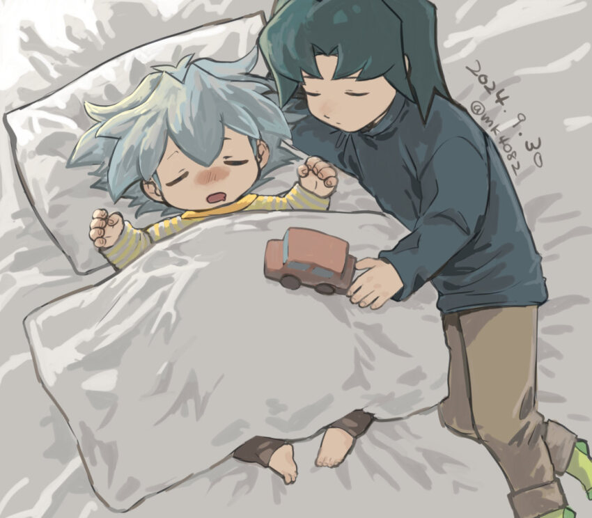2boys aged_down barefoot blanket blue_hair brothers brown_pants dated drooling green_socks long_sleeves male_focus marufuji_ryo marufuji_sho moiko mouth_drool multiple_boys pants pillow shirt siblings sleeping socks striped_clothes striped_shirt toy_car twitter_username yu-gi-oh! yu-gi-oh!_gx