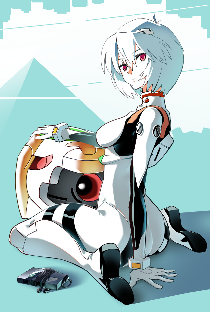 1girl absurdres arm_support artist_request ass ayanami_rei blue_hair bodysuit breasts curvy eva_00 expressionless eyebrows female_focus full_body helmet highres huge_ass looking_at_viewer looking_back mecha_pilot_suit medium_breasts neon_genesis_evangelion plugsuit_(evangelion) red_eyes shiny_clothes short_hair simple_background sitting solo white_bodysuit wide_hips