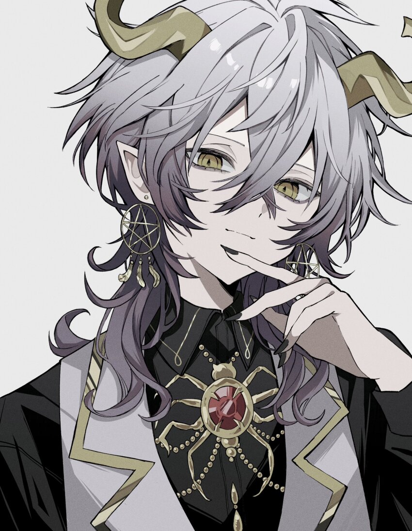 1boy black_nails black_shirt closed_mouth collared_shirt earrings fingernails gem gold_horns grey_hair hair_between_eyes half-closed_eyes hand_up highres jewelry light_smile looking_at_viewer male_focus medium_hair original ozx_x0 red_gemstone shirt simple_background solo upper_body white_background yellow_eyes