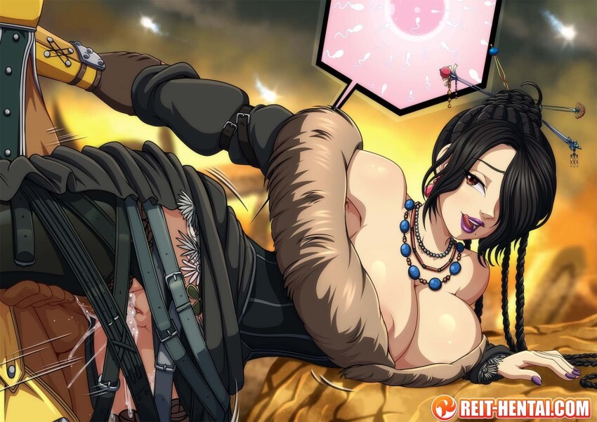 1boy 1girl belt belt_skirt black_thighhighs braid breasts commentary dress english_commentary fertilization final_fantasy final_fantasy_x fur-trimmed_dress fur_trim hair_ornament hair_over_one_eye hair_stick hetero highres holding_another&#039;s_wrist jewelry leg_lift lipstick lulu_(ff10) makeup mole mole_under_mouth multiple_braids multiple_necklaces necklace nipple_slip nipples ovum penis purple_lips purple_nails pussy reit smile solo_focus strapless strapless_dress thighhighs unaligned_breasts vaginal wakka
