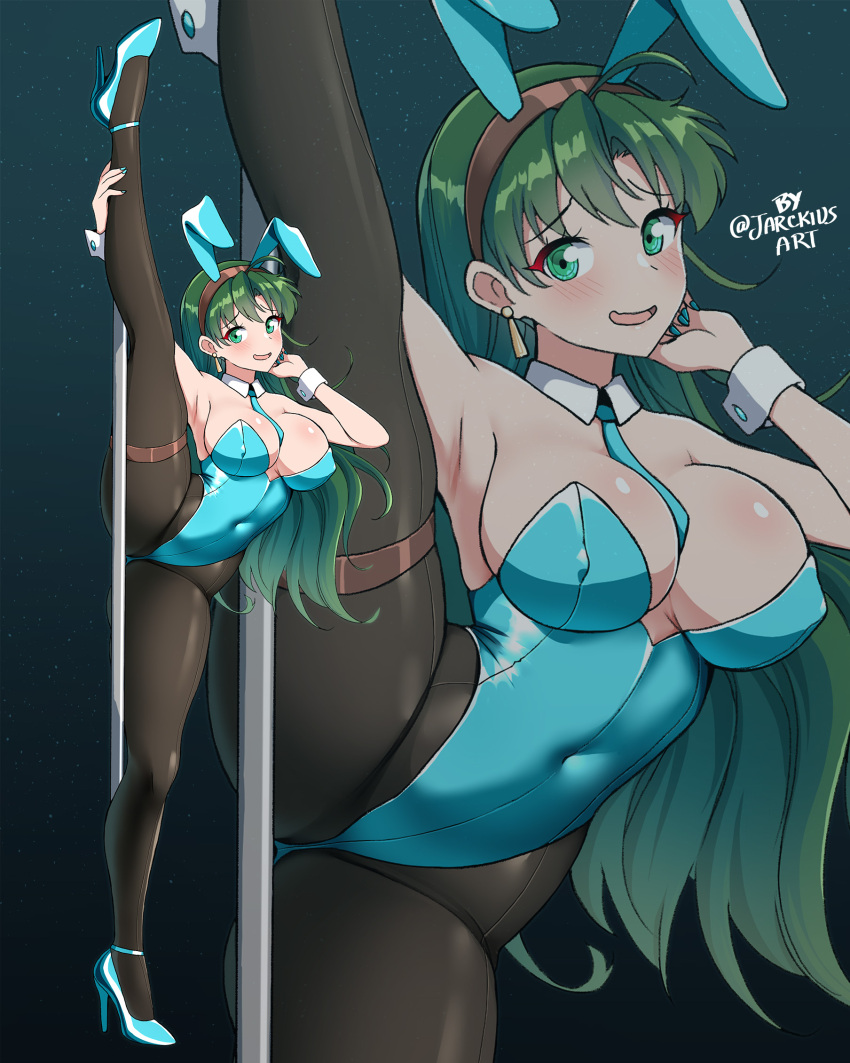 1girl alternate_costume alternate_hairstyle animal_ears aqua_leotard aqua_necktie breasts cleavage covered_navel earrings fake_animal_ears fire_emblem fire_emblem:_the_blazing_blade furrowed_brow green_eyes green_hair hair_down high_heels highres holding_own_leg jarckius jewelry large_breasts leg_up leotard long_hair looking_at_viewer lyn_(fire_emblem) navel necktie nintendo pantyhose playboy_bunny pole pole_dancing rabbit_ears smile solo wrist_cuffs