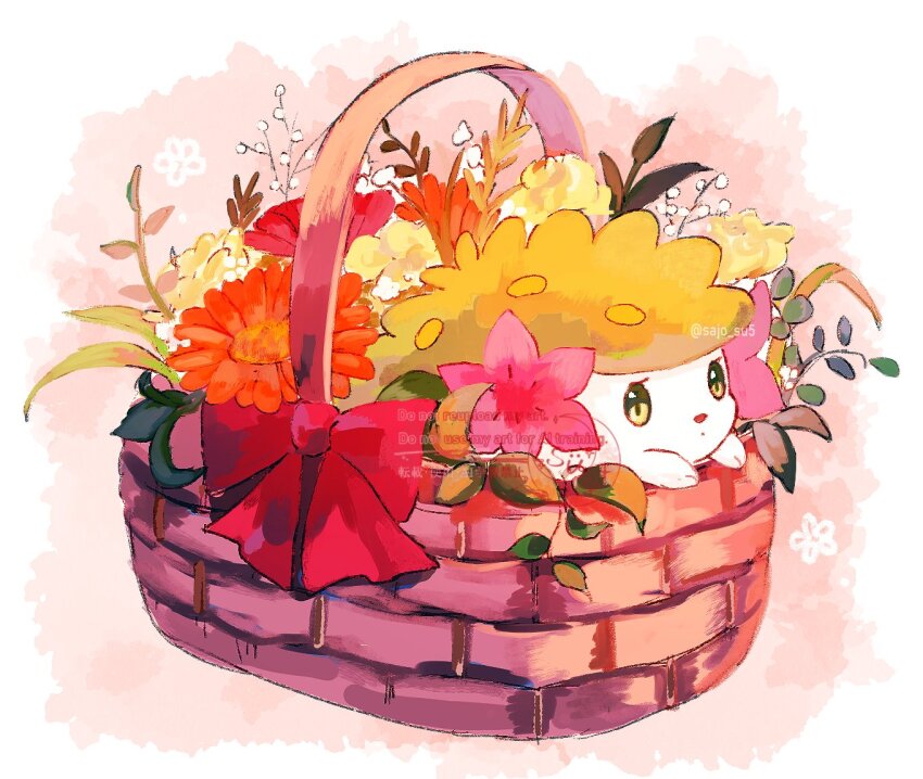 animal_focus basket commentary flower gen_4_pokemon green_eyes legendary_pokemon mythical_pokemon nintendo no_humans pokemon pokemon_(creature) ribbon shaymin shaymin_(land) solo su_(sajo_su5) symbol-only_commentary twitter_username