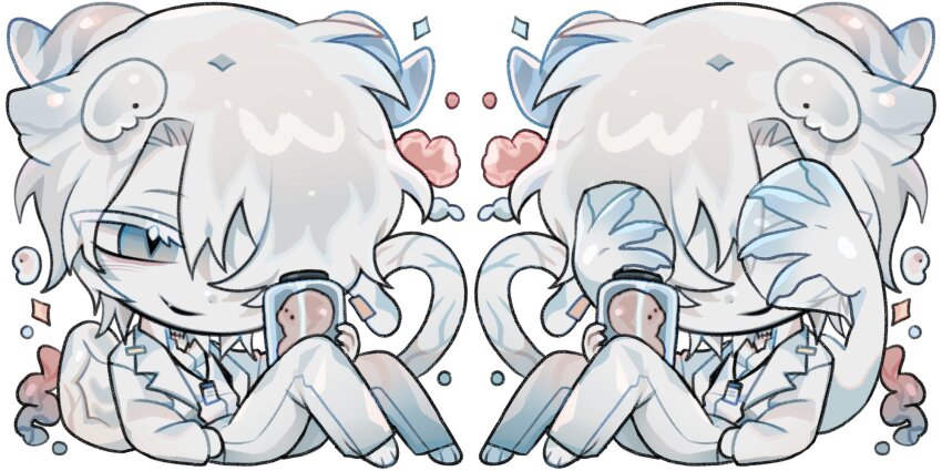 1boy adoptable bat_boy bat_wings chibi coat colored_eyelashes colored_skin commentary dilnyan03 english_commentary fang full_body grey_eyes hair_over_one_eye hand_in_pocket highres horns lab_coat male_focus monster_boy multiple_views original short_hair simple_background sitting skin_fang slit_pupils tail wet_specimen white_background white_coat white_hair white_skin wings wings_over_eyes