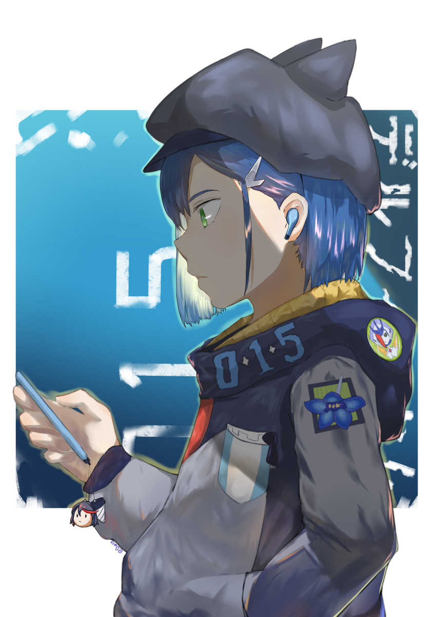 1girl absurdres artist_name bad_id bad_pixiv_id blue_flower blue_hair blue_hat bob_cut cellphone character_doll character_name charm_(object) commentary_request copyright_name darling_in_the_franxx delphinium_(darling_in_the_franxx) doll drill earbuds earphones female_focus flower from_side frown gradient_background green_eyes hair_ornament hair_pulled_back hairclip hand_in_pocket hat hat_with_ears highres holding holding_phone hood hoodie ichigo_(darling_in_the_franxx) kill_la_kill liang_(d.r.) looking_at_screen matoi_ryuuko multicolored_hoodie one_eye_covered phone shaded_face short_hair simple_background solo standing tengen_toppa_gurren_lagann visor