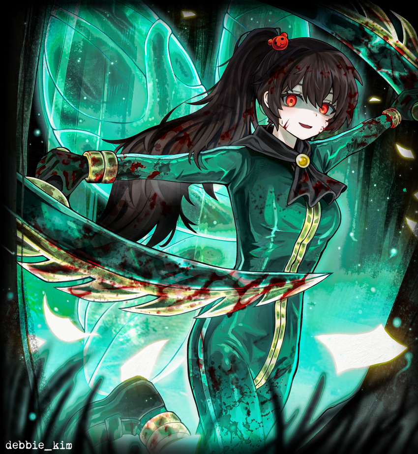 1girl arms_up ascot black_ascot bladed_tonfa blood blood_on_clothes blood_on_face bloody_weapon bodysuit breasts brooch brown_hair carmen_(project_moon) debbie_kimm e.g.o_(project_moon) gem gloves gold_trim green_bodysuit green_gloves highres jewelry library_of_ruina lobotomy_corporation long_hair looking_at_viewer medium_breasts open_mouth ponytail project_moon red_eyes smile solo weapon wingbeat_(e.g.o) yellow_gemstone
