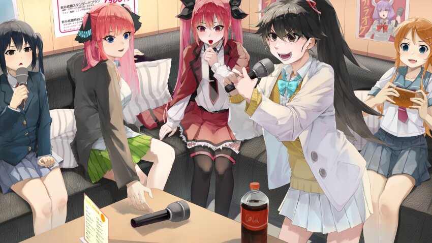5girls :d aqua_bow aqua_bowtie aura_(sousou_no_frieren) bambietta_basterbine black_hair black_jacket black_necktie black_ribbon bleach bleach:_sennen_kessen-hen blue_eyes blush bottle bow bowtie brown_eyes buttons candy character_print cola collared_shirt commentary cowboy_shot crossover date_a_live deadman70232800 double-parted_bangs dress_shirt english_commentary fang feet_out_of_frame food frilled_skirt frills frown go-toubun_no_hanayome green_skirt grey_skirt hair_between_eyes hair_ornament hair_over_shoulder hair_ribbon hairclip hand_up handheld_game_console hands_up highres holding holding_candy holding_food holding_handheld_game_console holding_lollipop holding_microphone itsuka_kotori jacket jacket_on_shoulders k-on! karaoke kousaka_kirino lollipop lollipop_in_mouth long_hair long_sleeves looking_ahead looking_at_another looking_down microphone miniskirt multiple_crossover multiple_girls nakano_azusa nakano_nino necktie open_clothes open_jacket open_mouth orange_hair ore_no_imouto_ga_konna_ni_kawaii_wake_ga_nai parallel_hairclips pleated_skirt ponytail red_bow red_bowtie red_eyes red_hair red_jacket red_skirt ribbon school_uniform shirt short_sleeves sidelocks sitting skirt smile sousou_no_frieren standing straight_hair sweater taketatsu_ayana teeth triangle_mouth tsurime twintails two_side_up v-shaped_eyebrows very_long_hair voice_actor_connection white_jacket white_shirt white_skirt yellow_sweater