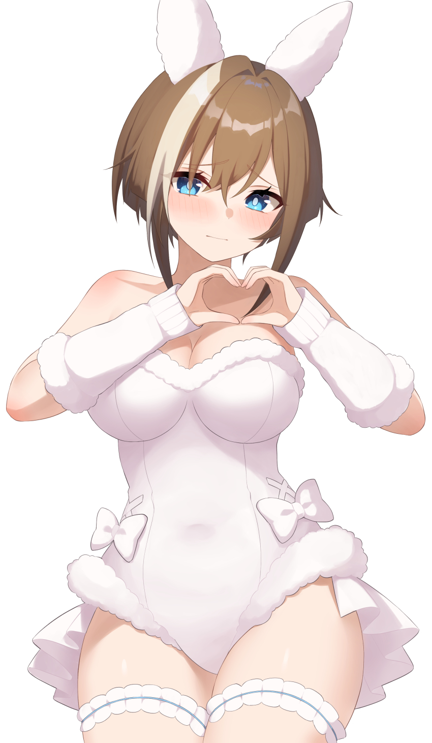 1girl absurdres alternate_costume animal_ears astroglia_cyte blue_eyes blush bow breasts brown_hair cheval_grand_(umamusume) cleavage closed_mouth commentary_request covered_navel cowboy_shot ear_covers hair_between_eyes hair_intakes highres horse_ears horse_girl large_breasts leotard looking_at_viewer multicolored_hair short_hair short_hair_with_long_locks sidelocks simple_background solo streaked_hair tail thigh_strap thighs umamusume white_arm_warmers white_background white_bow white_leotard white_streaks